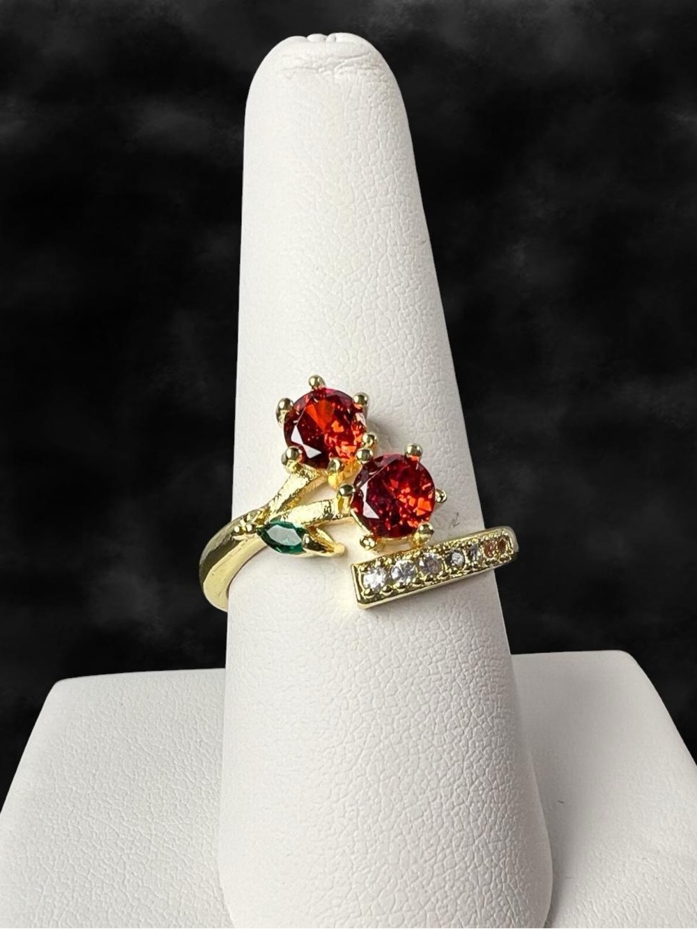 Cherry Ring Red Green Rhinestone Gold Tone Fruit Statement Size 8.75